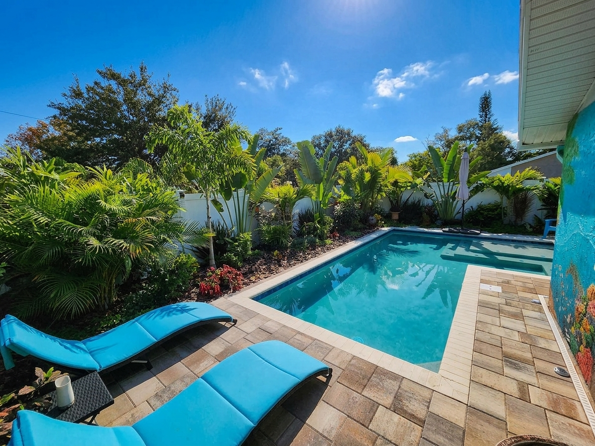A lush poolside garden in full St. Petersburg sun — palms, tropical foliage and loungers beside a blue pool